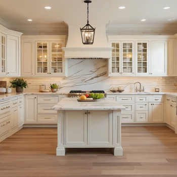 Bright luxury white kitchen with marble countertops, large island, farmhouse sink, glass-front cabinets, and hardwood floors