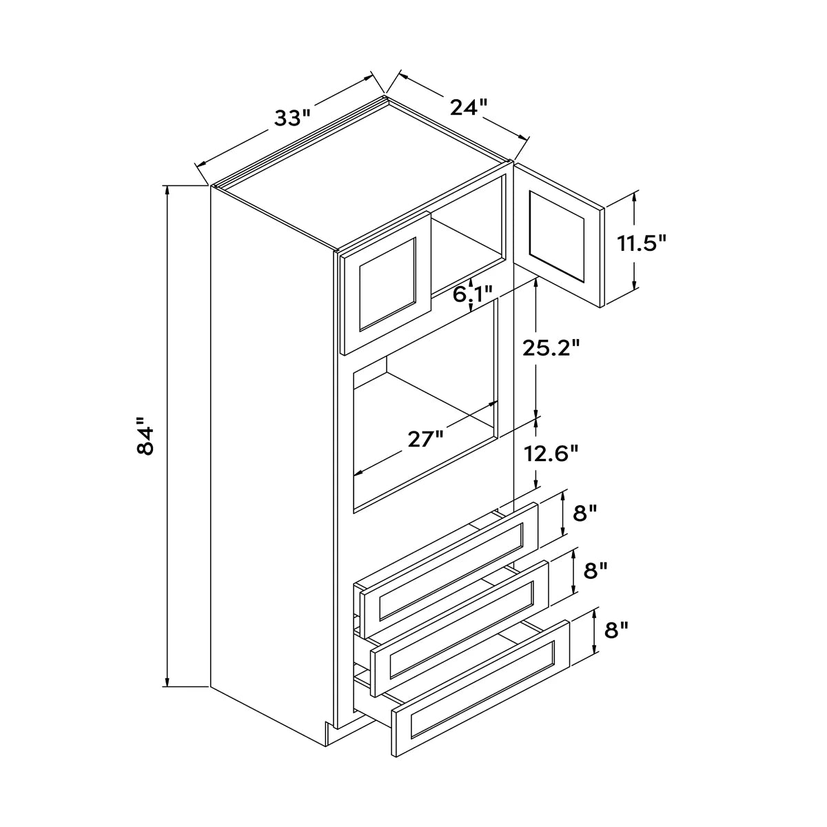 33”W x 84”H Oven Cabinet - White Shaker - Craft Cabinetry Image Specifications