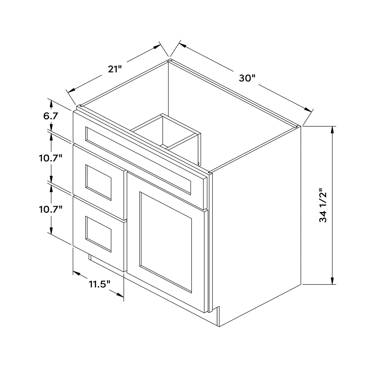 30”W Left Drawers Right Door Vanity Cabinet - White Shaker - Craft Cabinetry Image Specifications