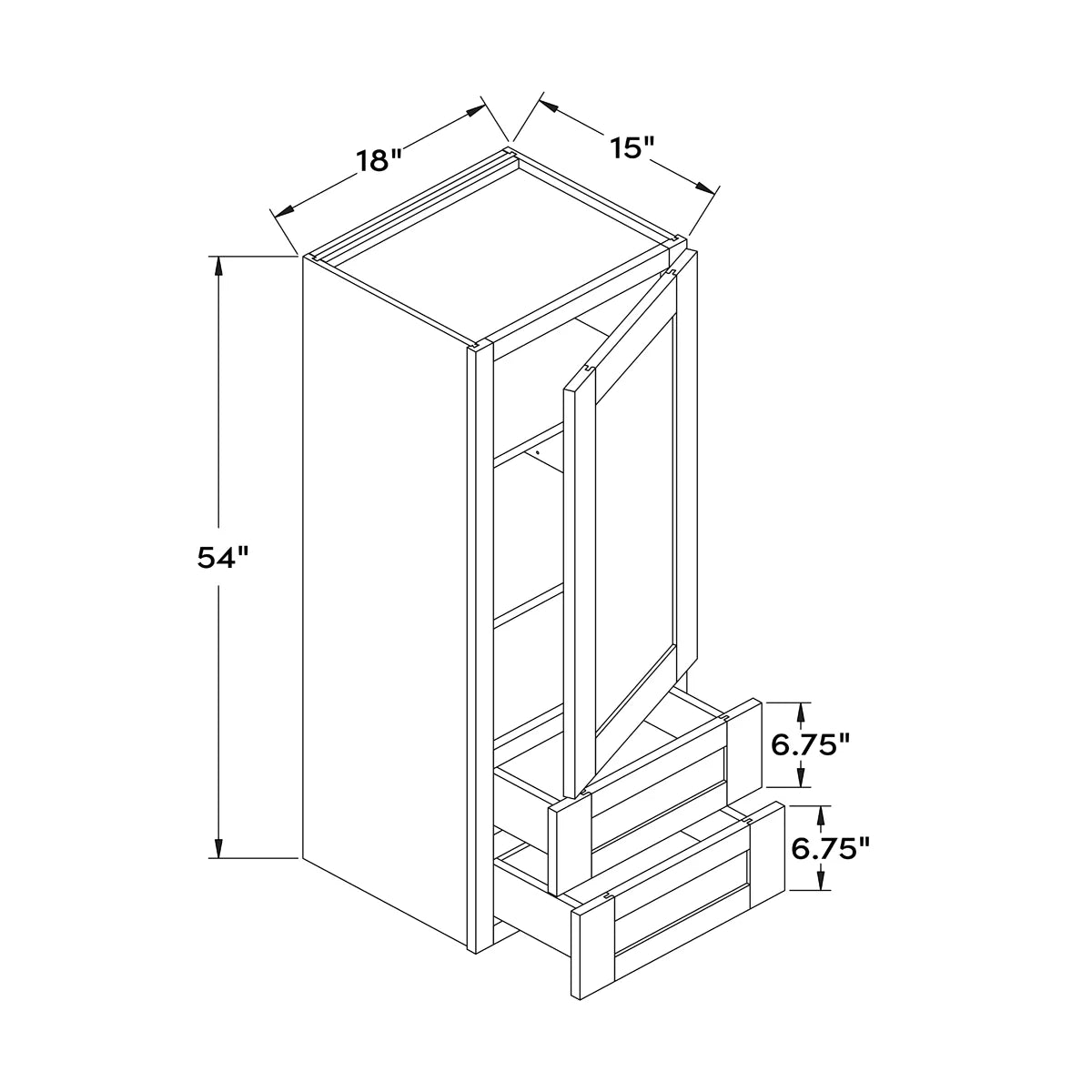18”W x 54”H 15" Depth Wall Cabinet with 2 Drawers - White Shaker - Craft Cabinetry Image Specifications