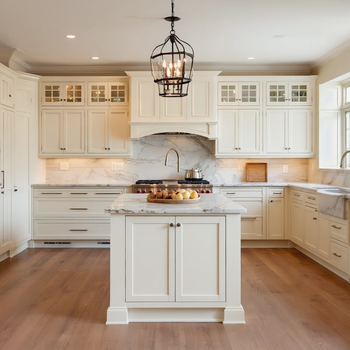 Luxury white farmhouse kitchen with marble countertops, large island, shaker cabinets, pendant lighting, and warm wood floors