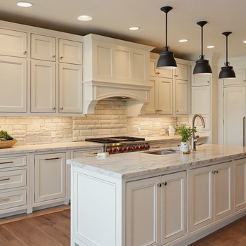 Modern luxury white kitchen with shaker cabinets, marble island, subway tile backsplash, pendant lighting, and hardwood floors