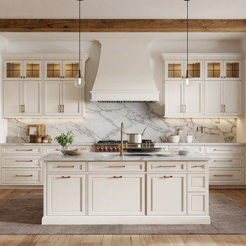Luxury white farmhouse kitchen with marble backsplash, large island, brass fixtures, pendant lighting, and exposed wood ceiling beam