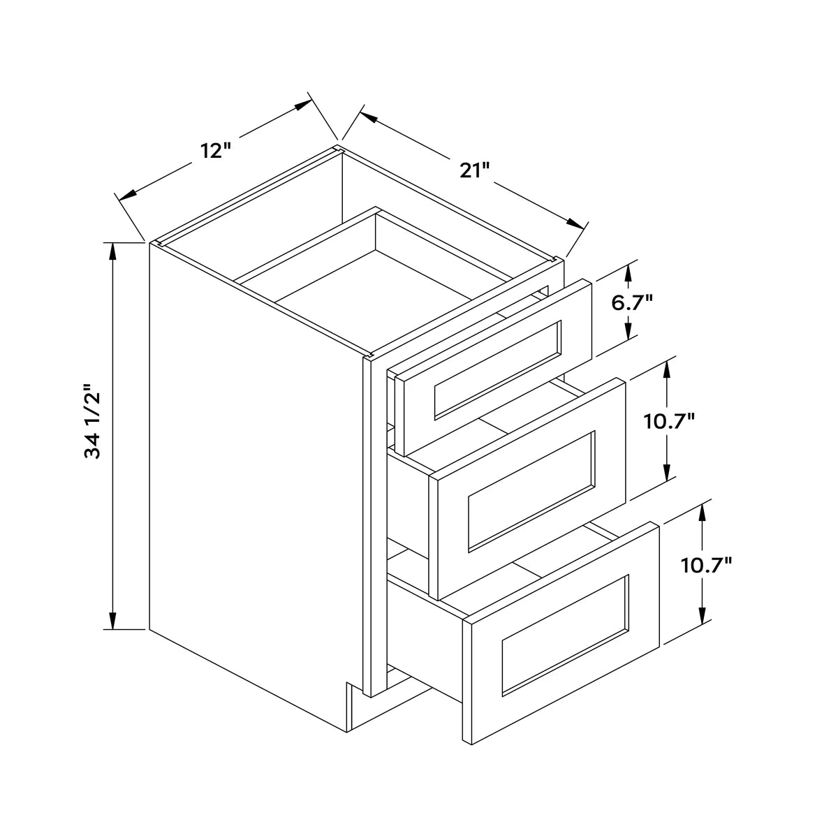 12”W Vanity Drawer Base Cabinet - White Recessed - Craft Cabinetry Image Specifications