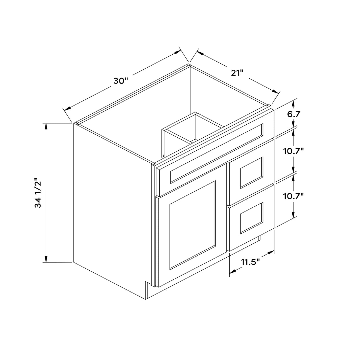 30”W Right Drawers Left Door Vanity Cabinet - Natural Shaker - Craft Cabinetry Image Specifications