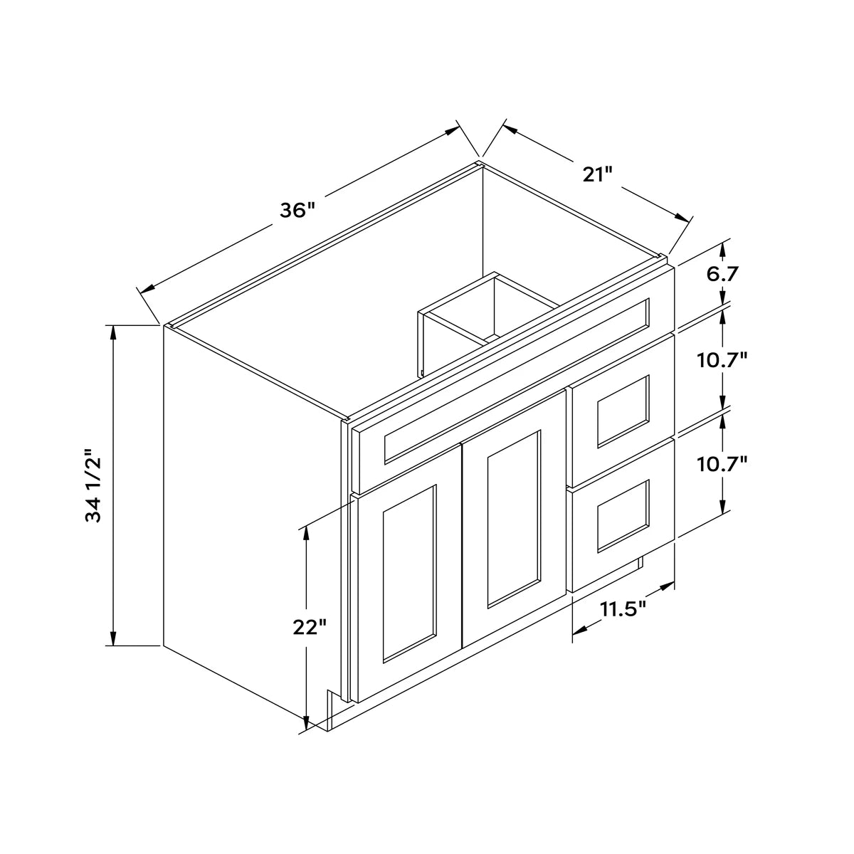 36”W Right Drawers Left Door Vanity Cabinet - Natural Shaker - Craft Cabinetry Image Specifications